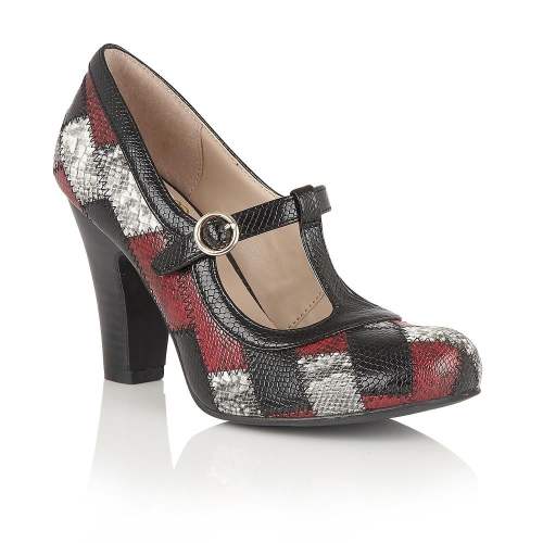 Lotus - Phyllis Black/Multi Snake Print T-Bar Heels
